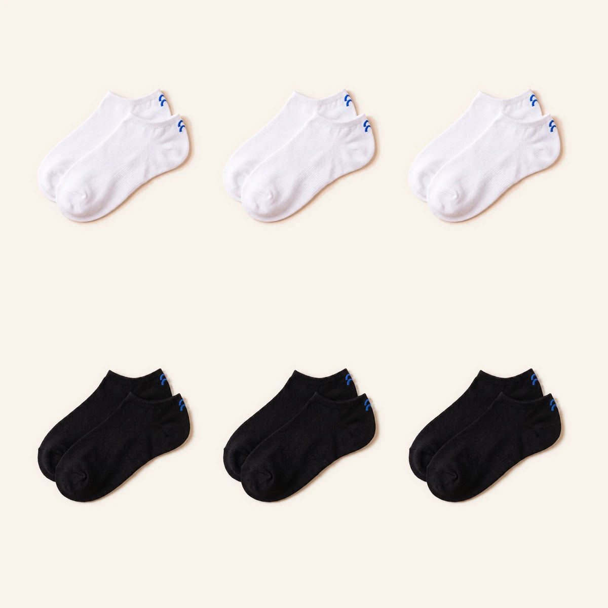Black & White Pack Enkel, zes paar, drie wit en drie zwart, kleurlabel Kobaltblauw