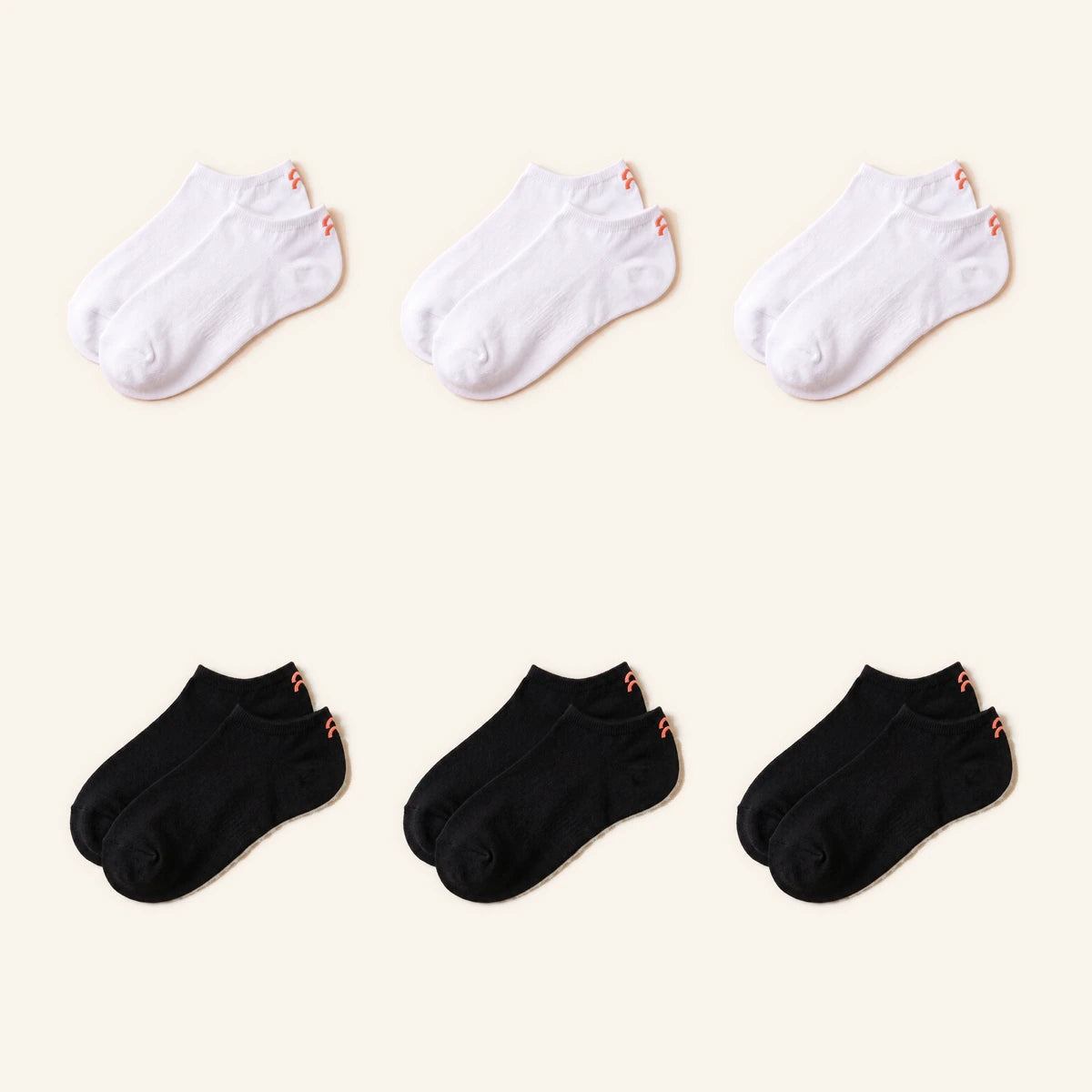 Black & White Pack Enkel, zes paar, drie wit en drie zwart, kleurlabel Koraal