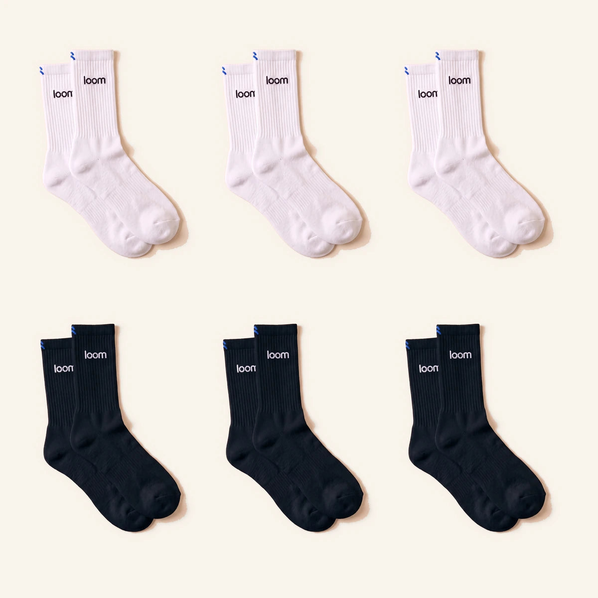 Black & White Pack Hoog, zes paar, drie wit en drie zwart, kleurlabel Kobaltblauw