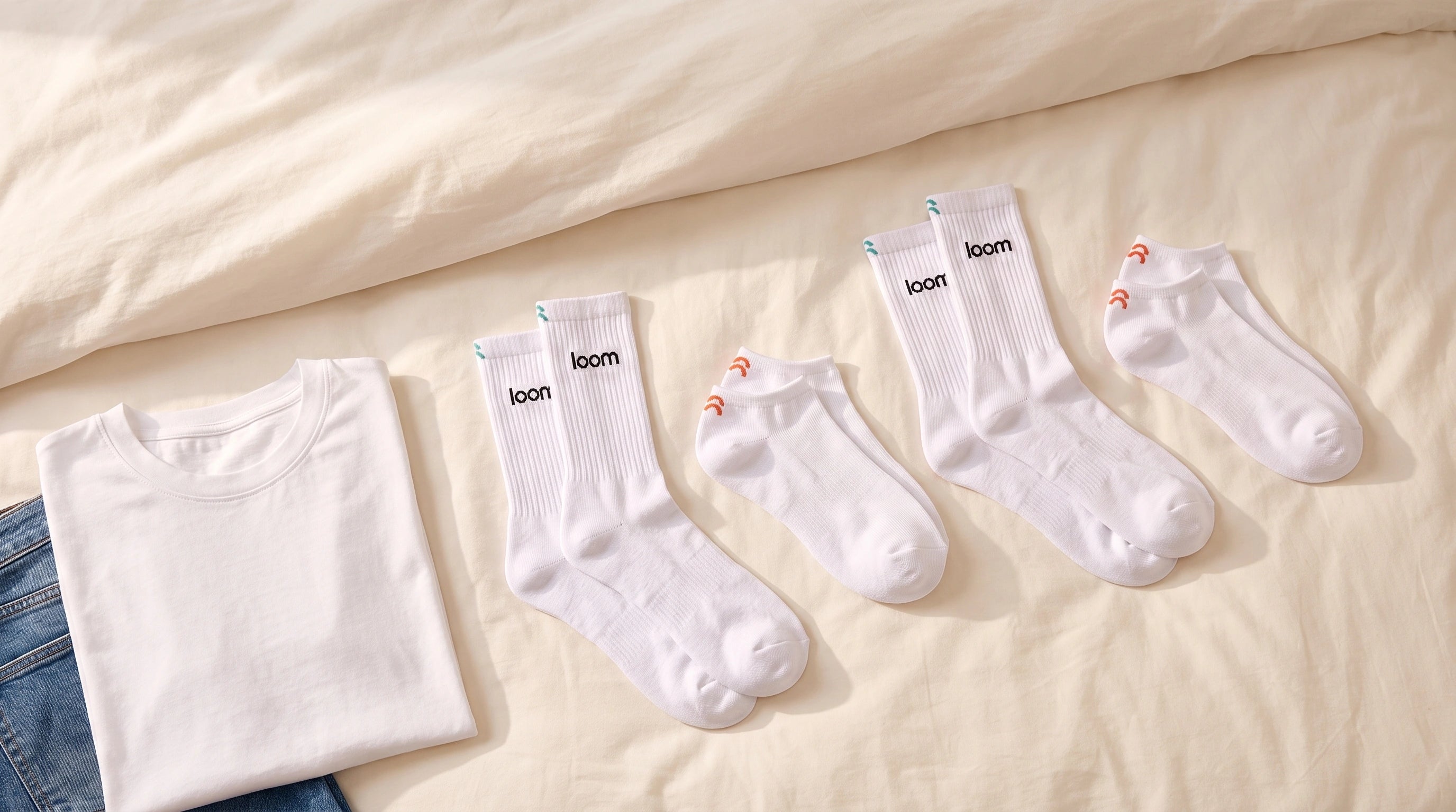 Wit T-shirt en witte LOOM hoge en enkelsokken op bed